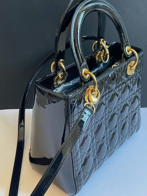 christian dior medium lady dior bag black patent cannage calfskin w/box