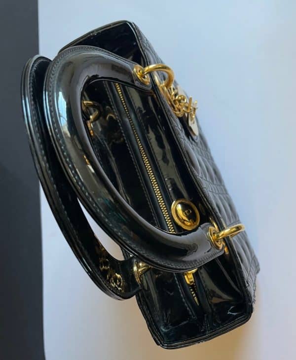 christian dior medium lady dior bag black patent cannage calfskin w/box