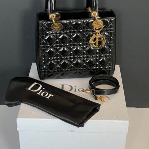 christian dior medium lady dior bag black patent cannage calfskin w/box