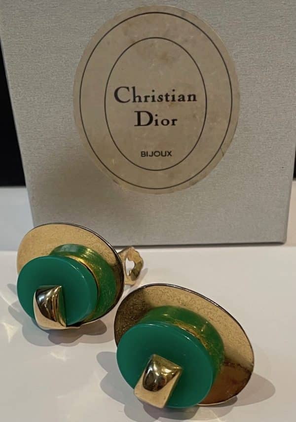 christian dior vintage art deco oval gold & green earrings 1971