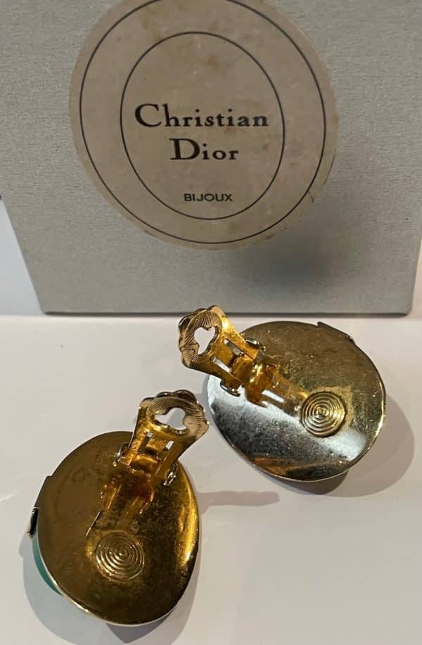 christian dior vintage art deco oval gold & green earrings 1971