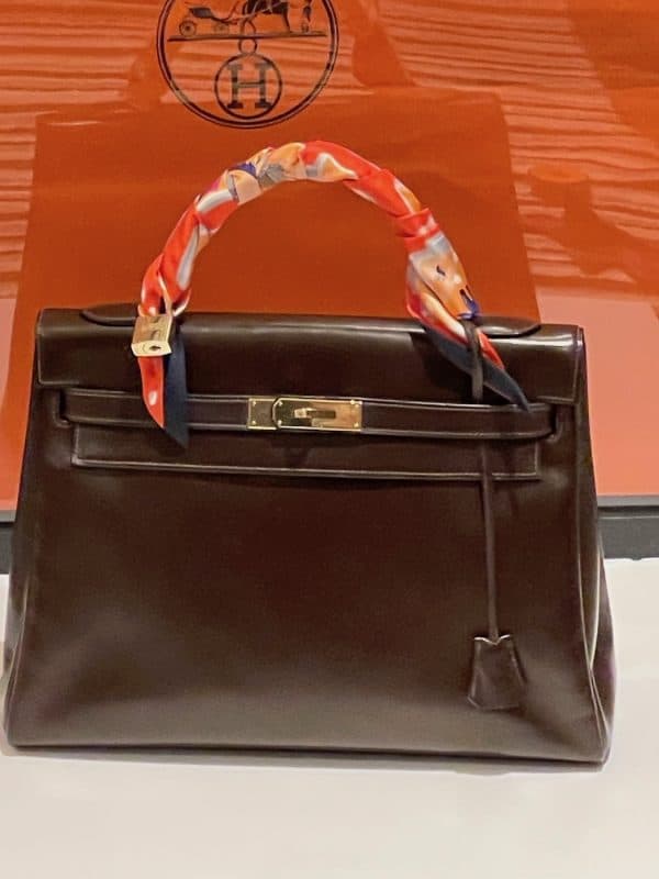 hermÈs 1959 iconic vintage kelly 32 box calf leather retourné havana brown ghw