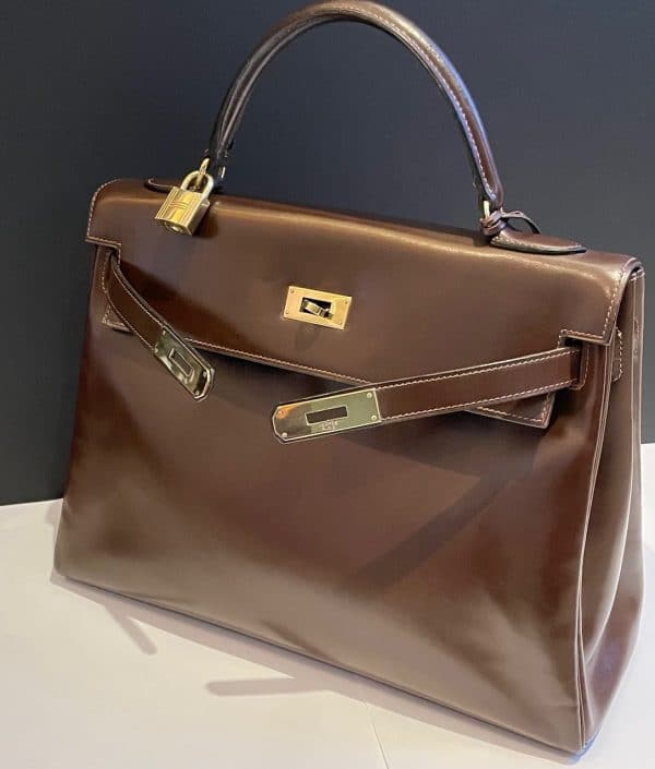 hermÈs 1959 iconic vintage kelly 32 box calf leather retourné havana brown ghw