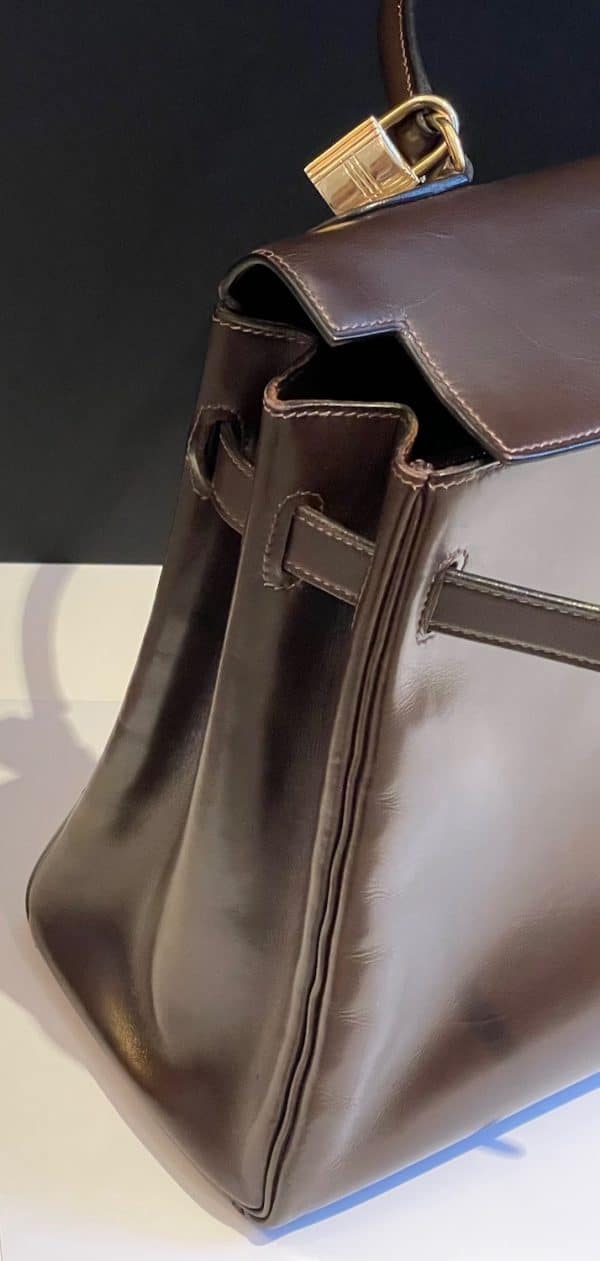 hermÈs 1959 iconic vintage kelly 32 box calf leather retourné havana brown ghw