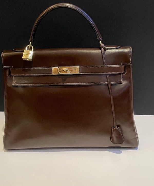 hermÈs 1959 iconic vintage kelly 32 box calf leather retourné havana brown ghw