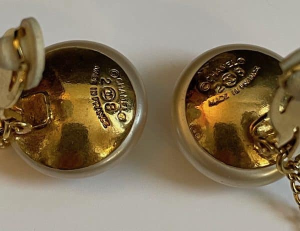 chanel vintage 1992 gold & pearl collection 28 crystal sphere ball chain drop earrings