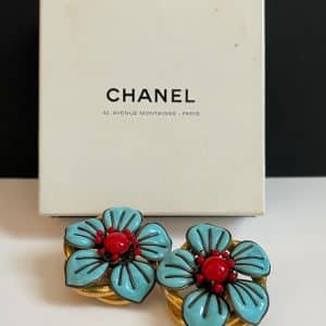 chanel vintage rare large blue turquoise camellia clip on earrings 1990