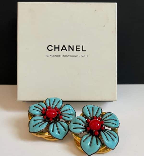 chanel vintage rare large blue turquoise camellia clip on earrings 1990