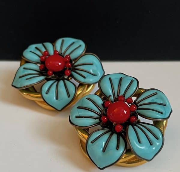 chanel vintage rare large blue turquoise camellia clip on earrings 1990