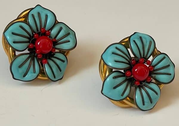 chanel vintage rare large blue turquoise camellia clip on earrings 1990