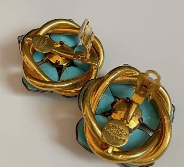 chanel vintage rare large blue turquoise camellia clip on earrings 1990