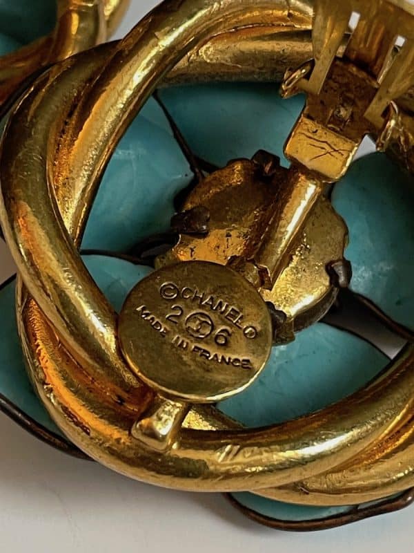 chanel vintage rare large blue turquoise camellia clip on earrings 1990