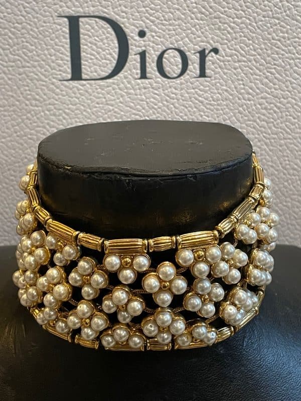 christian dior vintage multi row pearl & gold choker necklace c.1990s