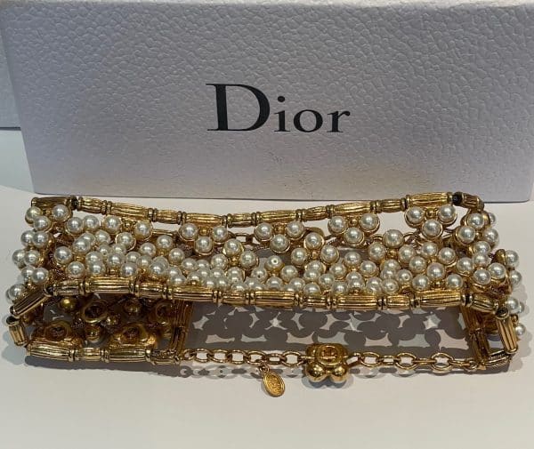 christian dior vintage multi row pearl & gold choker necklace c.1990s