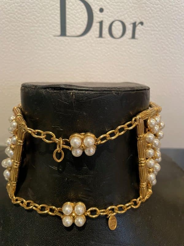 christian dior vintage multi row pearl & gold choker necklace c.1990s