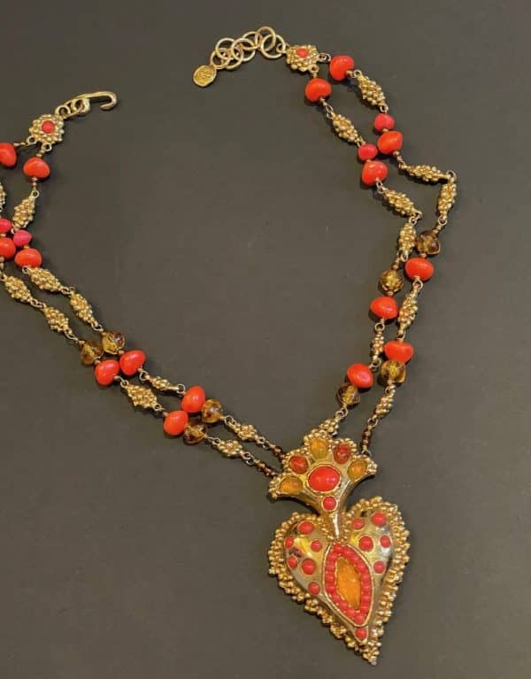 christian lacroix vintage couture orange coral beads heart necklace c.1990s