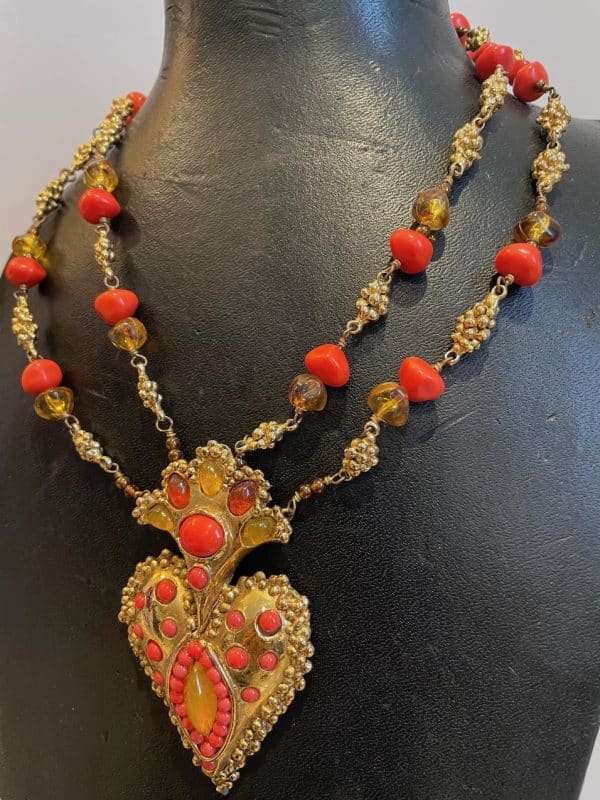 christian lacroix vintage couture orange coral beads heart necklace c.1990s