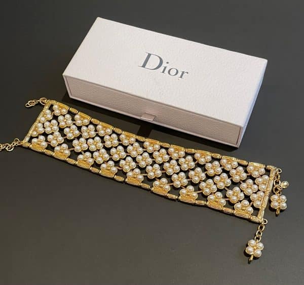 christian dior vintage multi row pearl & gold choker necklace c.1990s