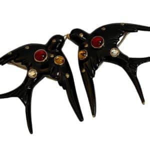 balmain vintage pair of brooches black swallow birds red crystals c.1980s