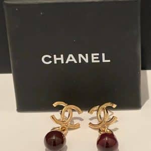 chanel cc logo pearl drop pendant dangle earrings ruby & gold 2023