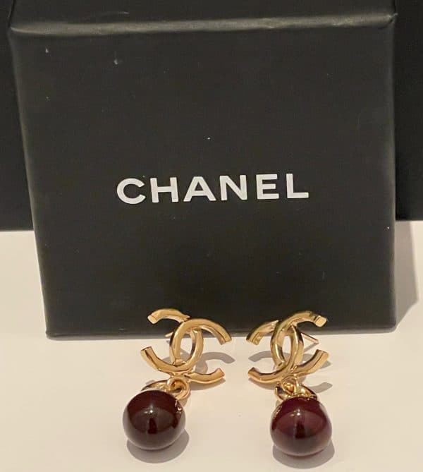 chanel cc logo pearl drop pendant dangle earrings ruby & gold 2023