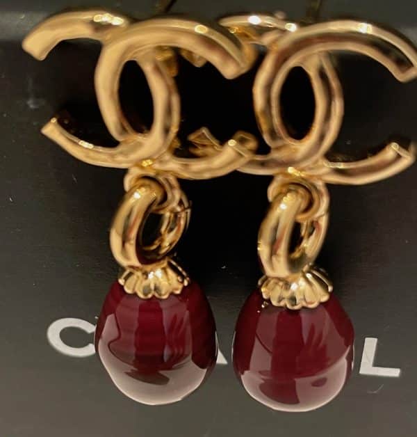 chanel cc logo pearl drop pendant dangle earrings ruby & gold 2023