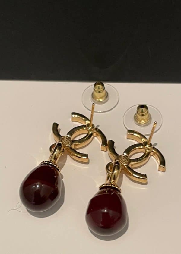chanel cc logo pearl drop pendant dangle earrings ruby & gold 2023