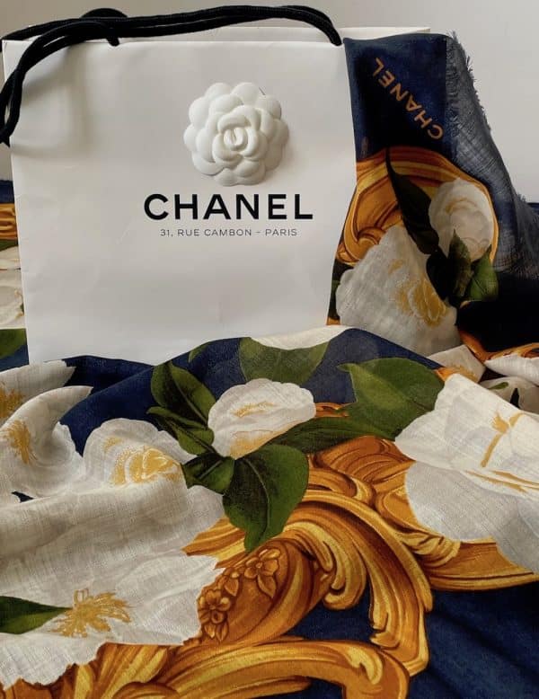 chanel vintage cashmere shawl camellia flowers multi c.1990s