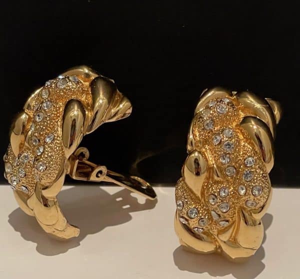 christian dior large vintage hoop earrings gold & crystals c.1980s