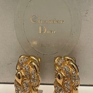 christian dior large vintage hoop earrings gold & crystals c.1980s