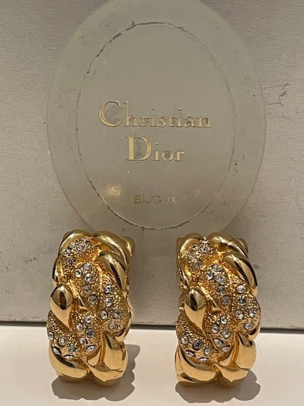 christian dior large vintage hoop earrings gold & crystals c.1980s