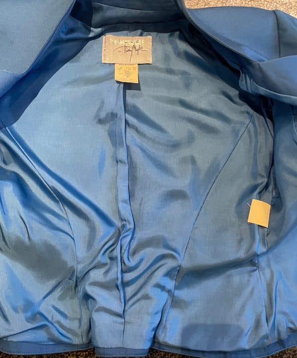 thierry mugler 1990s vintage blue fitted asymmetric jacket