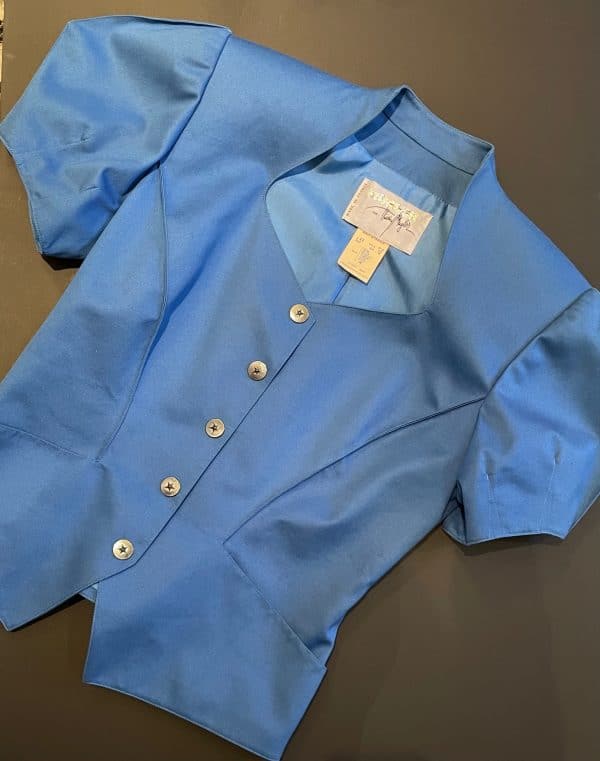 thierry mugler 1990s vintage blue fitted asymmetric jacket