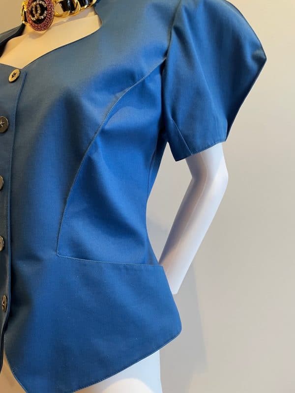 thierry mugler 1990s vintage blue fitted asymmetric jacket