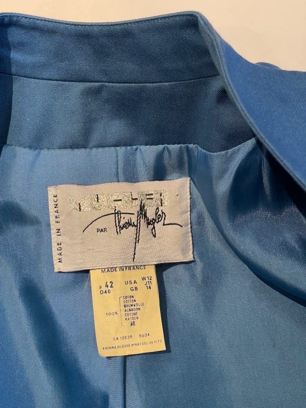 thierry mugler 1990s vintage blue fitted asymmetric jacket
