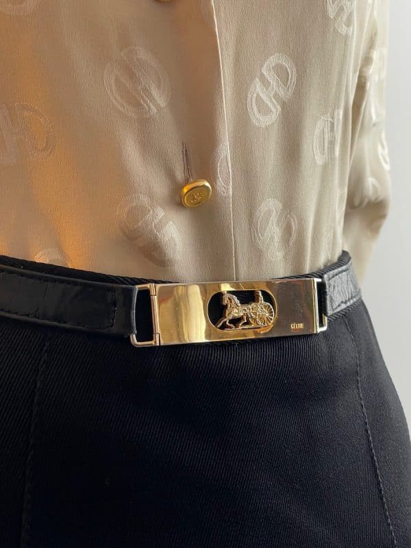 celine vintage pleated black skirt iconic carriage logo c.1970s