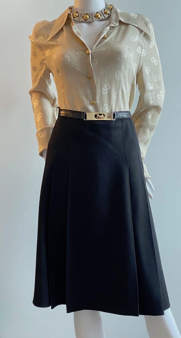 celine vintage pleated black skirt iconic carriage logo c.1970s