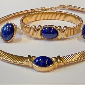 christian dior vintage blue cabochon omega gold necklace earrings bracelet c.1980s