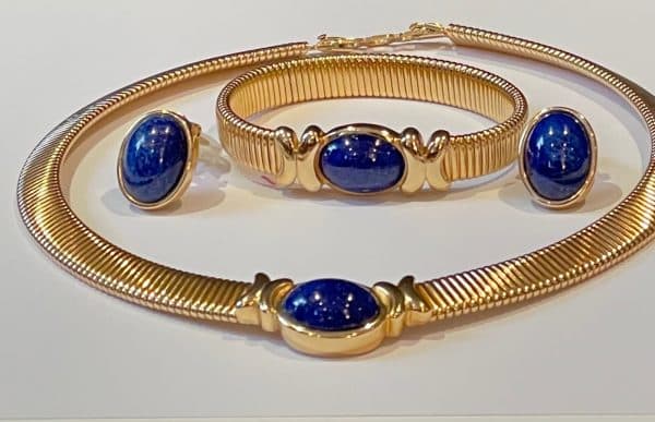 christian dior vintage blue cabochon omega gold necklace earrings bracelet c.1980s