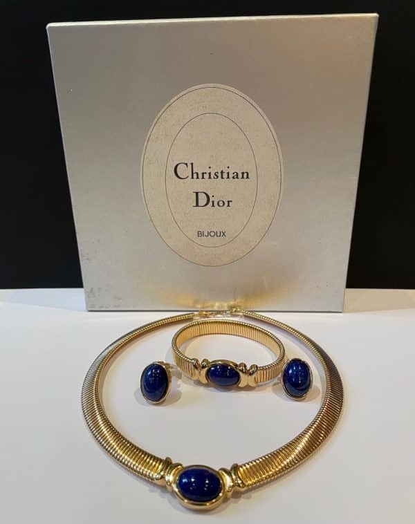christian dior vintage blue cabochon omega gold necklace earrings bracelet c.1980s
