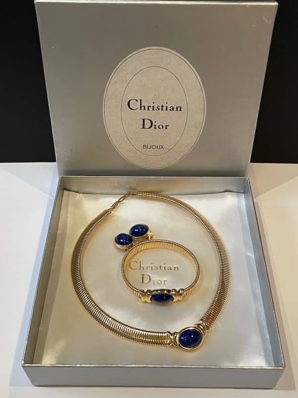 christian dior vintage blue cabochon omega gold necklace earrings bracelet c.1980s