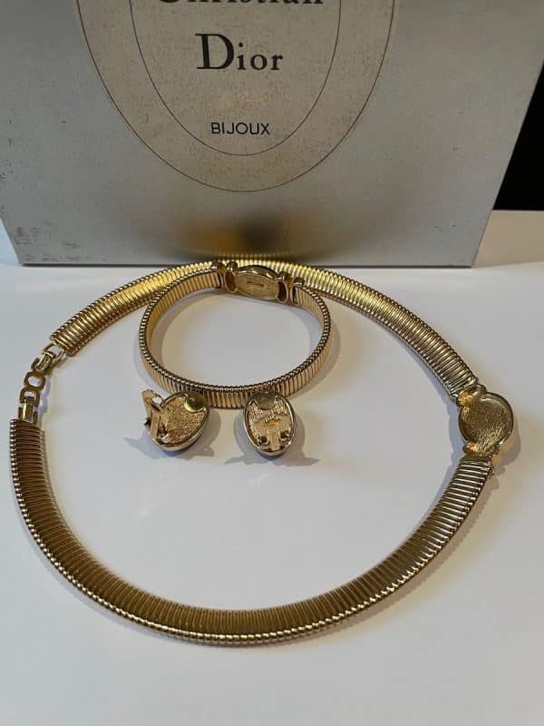 christian dior vintage blue cabochon omega gold necklace earrings bracelet c.1980s