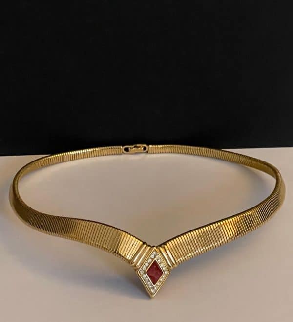christian dior vintage ruby diamanté art déco 18k gold plated necklace c.1980s