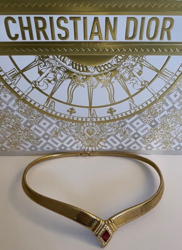 christian dior vintage ruby diamanté art déco 18k gold plated necklace c.1980s