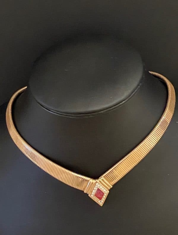 christian dior vintage ruby diamanté art déco 18k gold plated necklace c.1980s