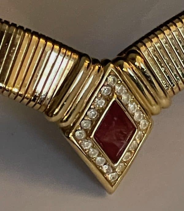 christian dior vintage ruby diamanté art déco 18k gold plated necklace c.1980s