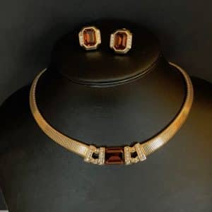 grossÉ vintage amber cabochon diamenté necklace & earrings set 18k plated 1987