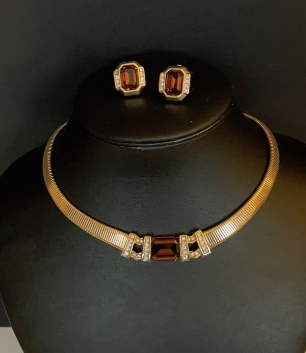 grossÉ vintage amber cabochon diamenté necklace & earrings set 18k plated 1987