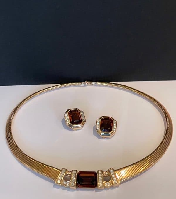 grossÉ vintage amber cabochon diamanté necklace & earrings set 18k plated 1987