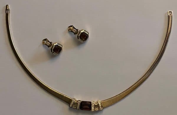 grossÉ vintage amber cabochon diamenté necklace & earrings set 18k plated 1987